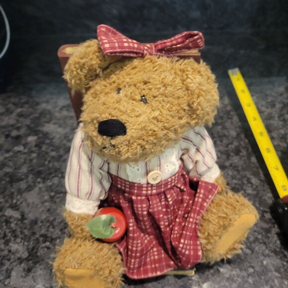 Vintage Teddy Bear Bookend - Red Gingham Dress & Bow Holding an Apple - Picture 9 of 16